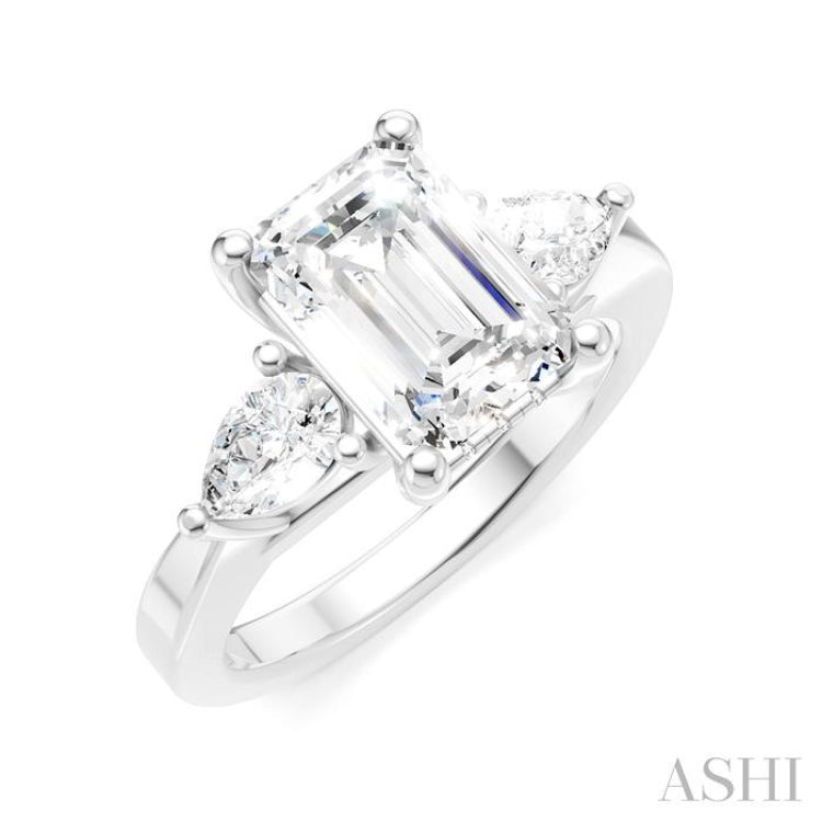 1/2 Ctw Tri-Mount Emerald Shape Center Pear and Round Cut Diamond Semi-Mount Engagement Ring in 14K White Gold