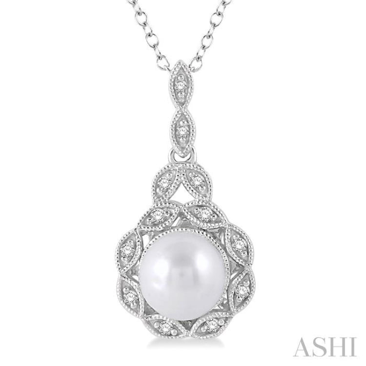 6.5x6.5 MM Cultured Pearl and 1/20 Ctw Single Cut Diamond Pendant in Sterling Silver with Chain