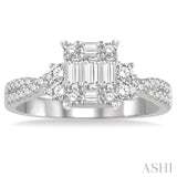 3/4 ctw Split Criss Cross Shank Fusion Baguette and Round Cut Diamond Engagement Ring in 14K White Gold
