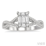 1/2 ctw Split Crisscross Shank Fusion Baguette and Round Cut Diamond Engagement Ring in 14K White Gold