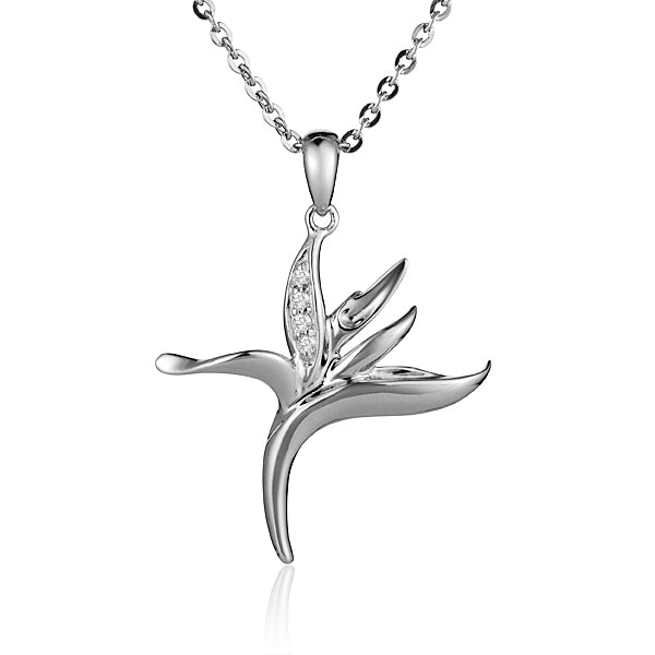 Life@Sea Genuine Sterling Silver Birds of Paradise Flower Pendant Necklace with Cubic Zirconia Accents