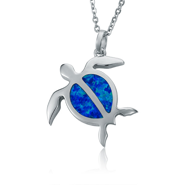 Life@Sea Genuine Sterling Silver & Synthetic Opal/Larimar Flat Sea Turtle Pendant Necklace