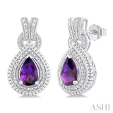 8X5 MM Pear Cut Amethyst and 1/20 Ctw Round Cut Diamond Semi-Precious Earrings in Sterling Silver