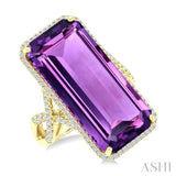 26X12 MM Evoque Gemstones Emerald Shape Amethyst and 1/2 Ctw Round Cut Diamond Halo Semi-Precious Ring in 14K Yellow Gold