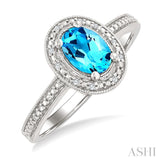 7x5 MM Oval Shape Blue Topaz and 1/50 Ctw Single Cut Diamond Semi-precious Ring in Sterling Silver