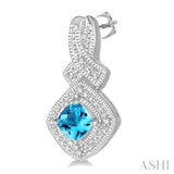 4x4 MM Cushion Shape Blue Topaz and 1/50 Ctw Round Cut Diamond Sterling Silver Earrings