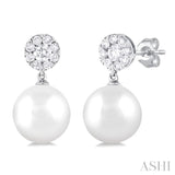 7 MM Cultured White Pearl and 1/4 Ctw Disc Top Lovebright Round Cut Diamond Fashion Earrings in 10K White Gold