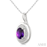 8X6 MM Oval Shape Amethyst and 1/20 Ctw Single Cut Diamond Semi-precious Pendant With Chain in Sterling Silver