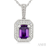 7X5 MM Octagon Shape Amethyst and 1/50 Ctw Round Cut Diamond Semi-precious Pendant With Chain in Sterling Silver