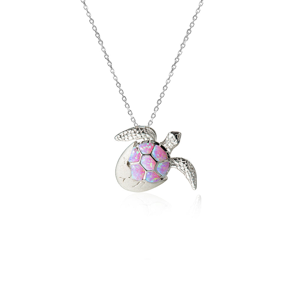 Life@Sea Genuine Sterling Silver Hatchling Sea Turtle Pendant Necklace with Synthetic Opal Accents