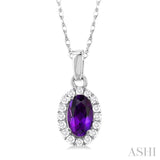 5x3 MM Oval Shape Amethyst and 1/20 Ctw Single Cut Diamond Halo Semi-Precious Pendant with Chain in 10K White Gold