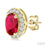 5x3 MM Oval Shape Ruby and 1/8 Ctw Round Cut Diamond Halo Precious Stud Earrings in 10K Yellow Gold
