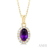 5x3 MM Oval Shape Amethyst and 1/20 Ctw Single Cut Diamond Halo Semi-Precious Pendant with Chain in 10K Yellow Gold