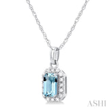 5x3 MM Octagonal Shape Aquamarine and 1/20 Ctw Single Cut Diamond Halo Semi-Precious Pendant with Chain in 14K White Gold