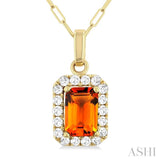 6x4 MM Octagonal Shape Citrine and 1/6 Ctw Round Cut Diamond Halo Semi-Precious Pendant with Chain in 14K Yellow Gold