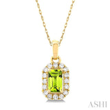 5x3 MM Octagonal Shape Peridot and 1/20 Ctw Single Cut Diamond Halo Semi-Precious Pendant with Chain in 14K Yellow Gold
