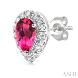 5x3 MM Pear Shape Pink Tourmaline and 1/8 Ctw Single Cut Diamond Halo Semi-Precious Stud Earrings in 14K White Gold