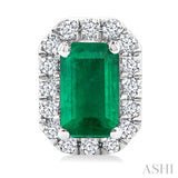 5x3 MM Octagonal Shape Emerald and 1/8 Ctw Round Cut Diamond Halo Precious Stud Earrings in 14K White Gold