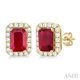 6x4 MM Octagonal Shape Ruby and 1/4 Ctw Round Cut Diamond Halo Precious Stud Earrings in 10K Yellow Gold