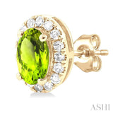 5x3 MM Oval Shape Peridot and 1/8 Ctw Single Cut Diamond Halo Semi-Precious Stud Earrings in 14K Yellow Gold