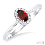 5x3 MM Oval Shape Garnet and 1/20 Ctw Single Cut Diamond Halo Semi-Precious Ring in 14K White Gold