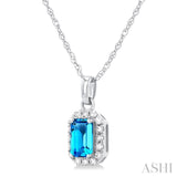 5x3 MM Octagonal Shape Blue Topaz and 1/20 Ctw Single Cut Diamond Halo Semi-Precious Pendant with Chain in 14K White Gold
