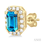 5x3 MM Octagonal Shape Blue Topaz and 1/8 Ctw Single Cut Diamond Halo Semi-Precious Stud Earrings in 10K Yellow Gold