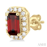 5x3 MM Octagonal Shape Garnet and 1/8 Ctw Single Cut Diamond Halo Semi-Precious Stud Earrings in 10K Yellow Gold