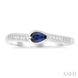 5x3 MM East-West Set Pear Cut Sapphire and 1/20 Ctw Single Cut Diamond Precious Fashion Ring in 14K White Gold