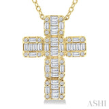 1/2 Ctw Fusion Baguette and Round Cut Diamond Cross Fashion Pendant With Chain in 14K Yellow Gold
