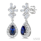 5X3MM Pear Cut Sapphire, Round and  1/3 Ctw  Baguette Cut Scatter Diamond Precious Fashion earrings in 10K White Gold
