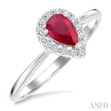 6x4 MM Pear Shape Ruby and 1/6 Ctw Round Cut Diamond Halo Precious Ring in 14K White Gold