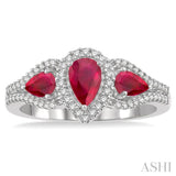 6x4 MM & 5x3 MM Triple Pear Shape Ruby and 1/5 Ctw Round Cut Diamond Precious Ring in 10K White Gold