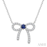 2.40 MM Round Shape Sapphire and 1/8 Ctw Bow Round Cut Diamond Fashion Pendant With Chain in 10k White Gold