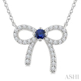 2.40 MM Round Shape Sapphire and 1/8 Ctw Bow Round Cut Diamond Fashion Pendant With Chain in 10k White Gold