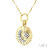 1/20 Ctw Fluted Medallion Crescent Moon & Star Charm Round Cut Diamond Pirouette Fashion Pendant With Chain in 10K Yellow and White Gold
