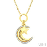 1/6 Ctw Crescent Moon & Star Charm Round Cut Diamond Fashion Pendant With Chain in 10K Yellow Gold