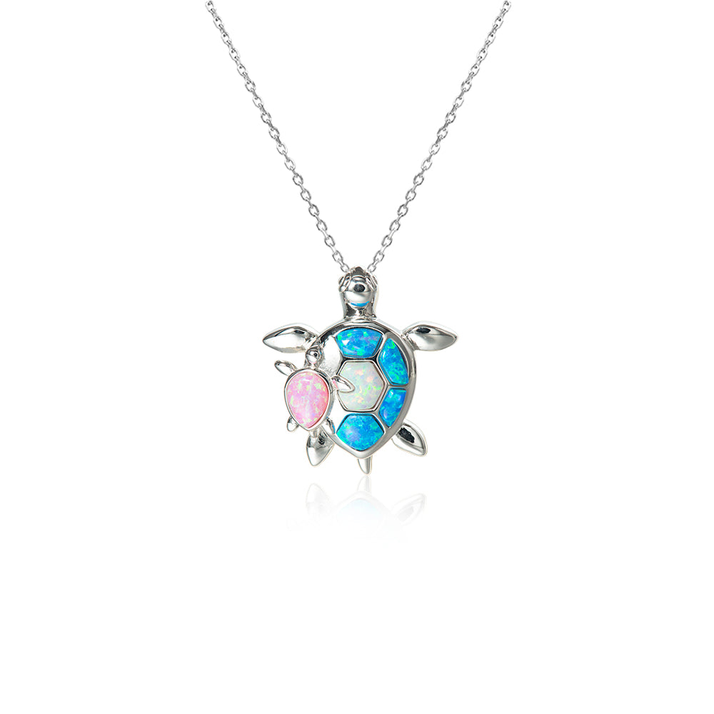 Life@Sea Genuine Sterling Silver and Synthetic Opal Mom and Baby Sea Turtle Pendant Necklace