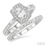 1 Ctw Baguette and Round Cut Diamond Wedding Set With 3/4 Ctw Cushion Shape Oval Cut Engagement Ring and 1/5 Ctw Wedding Band in 14K White Gold