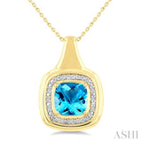 8 MM Cushion Shape Blue Topaz and 1/20 Ctw Round Cut Diamond Semi-Precious Pendant With Chain in Yellow Gold Vermeil