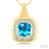 8 MM Cushion Shape Blue Topaz and 1/20 Ctw Round Cut Diamond Semi-Precious Pendant With Chain in Yellow Gold Vermeil