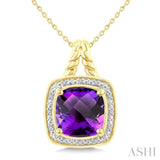 10 MM Cushion Shape Amethyst and 1/20 Ctw Round Cut Diamond Semi-Precious Pendant With Chain in Yellow Gold Vermeil