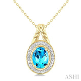 9X7 MM Oval Shape Blue Topaz and 1/20 Ctw Round Cut Diamond Semi-Precious Pendant With Chain in Yellow Gold Vermeil