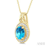 9X7 MM Oval Shape Blue Topaz and 1/20 Ctw Round Cut Diamond Semi-Precious Pendant With Chain in Yellow Gold Vermeil