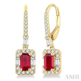 5x3 MM Octagon Cut Ruby and 1/2 Ctw Round Cut Diamond Precious Earrings in 14K Yellow Gold