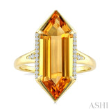 22X8 MM Hexagon Shape Citrine and 1/10 Ctw Round Cut Diamond Semi-Precious Ring in 14K Yellow Gold