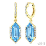 12X5 MM Evoque Gemstones Hexagon Shape Blue Topaz and 1/5 Ctw Round Cut Diamond Semi-Precious Earrings in 10K Yellow Gold