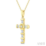 1/20 Ctw Baguette and Round Cut Diamond  Cross Shape Fashion Pendant With Chain in 10K Yellow Gold