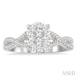5/8 Ctw Oval Shape Center Split Criss Cross Shank Lovebright Round Cut Diamond Engagement Ring in 14K White Gold
