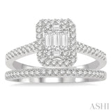 1 Ctw Baguette and Round Cut Diamond Bridal Set With 7/8 Ctw Emerald Shape Engagement Ring and 1/6 Ctw Wedding Band in 14K White Gold